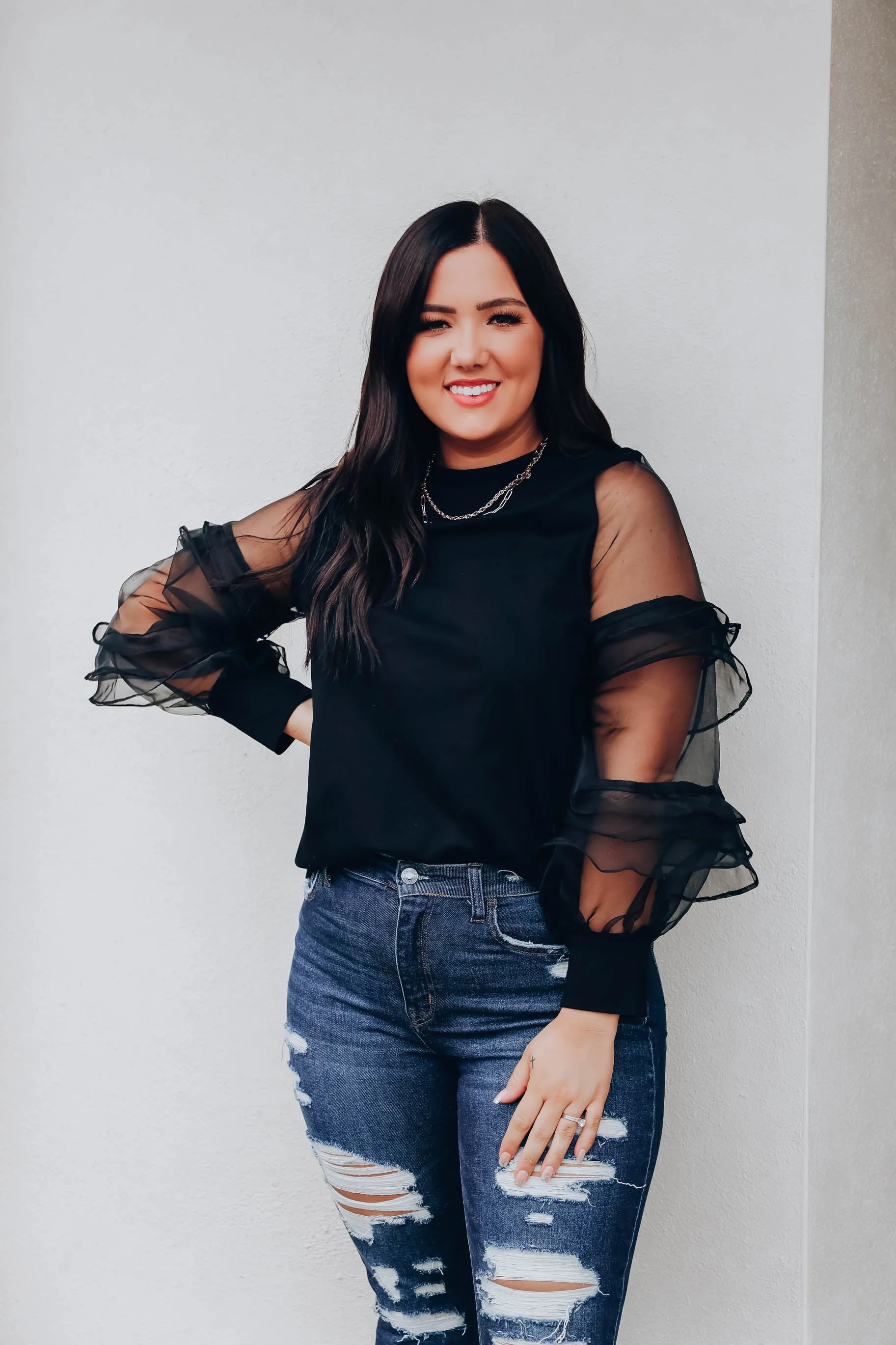 All The Frills Sheer Sleeve Top - Black