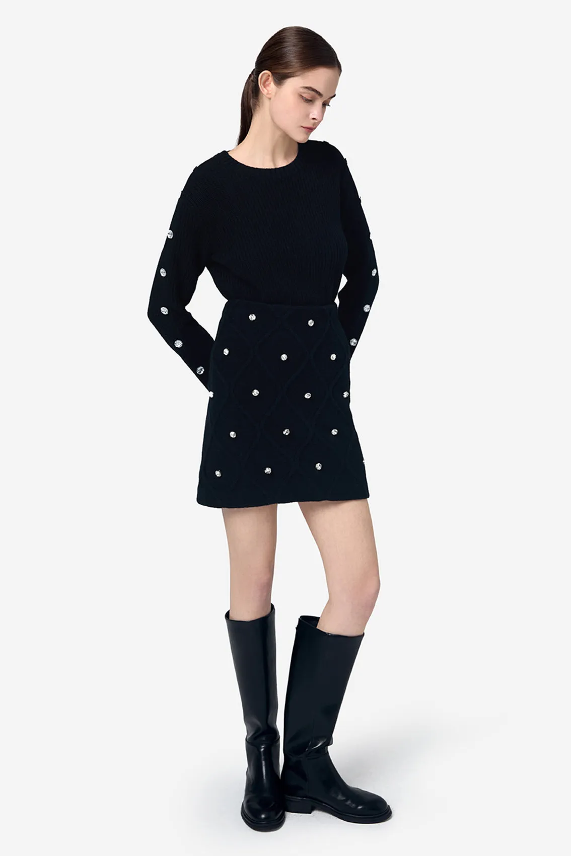Alpine-Inspired Crystal Knitwear Skirt