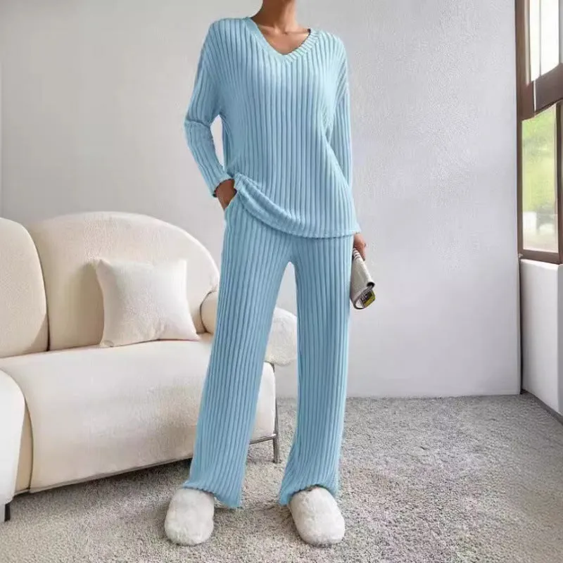 Autumn and Winter New Style: Two-Piece Fashionable and Casual Straight-Leg Pants, Elegant Loose V-Neck Ribbed Knitted Set. Leisure Homewear.C-241011-4
