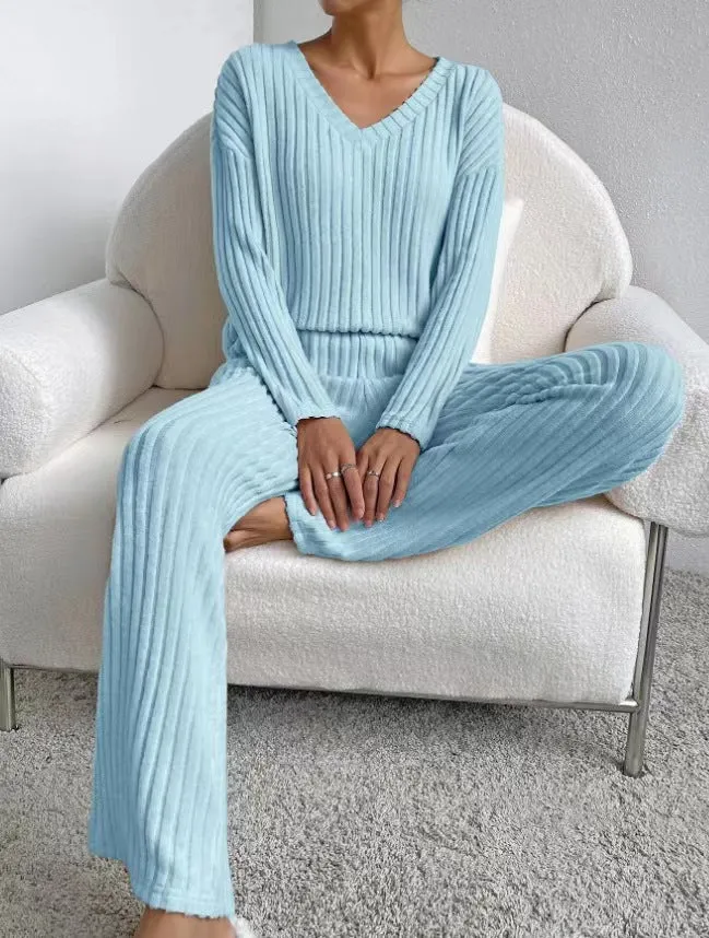 Autumn and Winter New Style: Two-Piece Fashionable and Casual Straight-Leg Pants, Elegant Loose V-Neck Ribbed Knitted Set. Leisure Homewear.C-241011-4