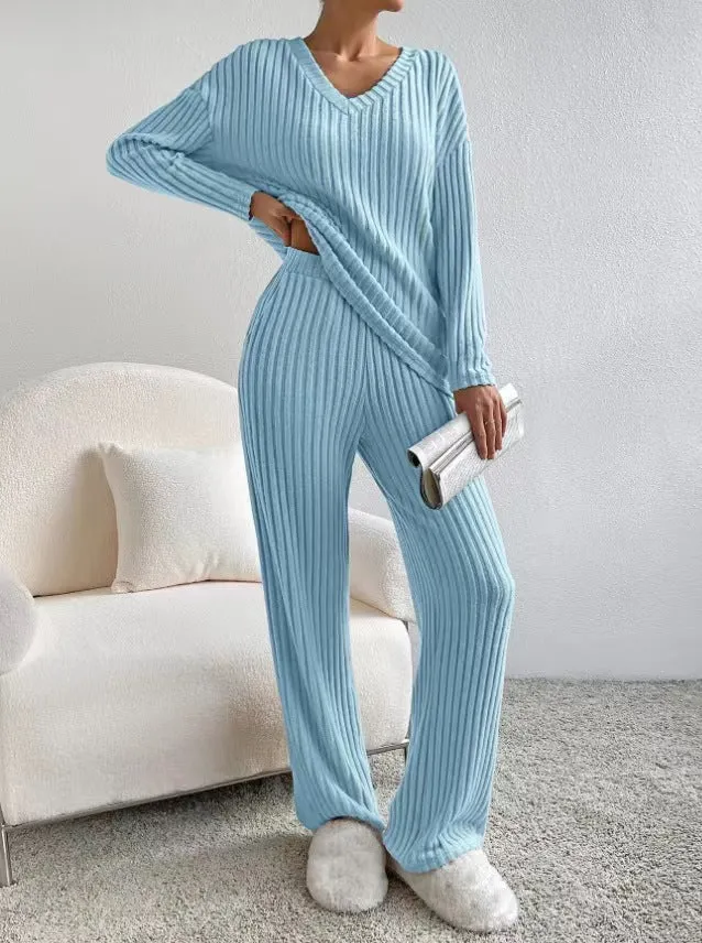 Autumn and Winter New Style: Two-Piece Fashionable and Casual Straight-Leg Pants, Elegant Loose V-Neck Ribbed Knitted Set. Leisure Homewear.C-241011-4