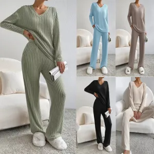 Autumn and Winter New Style: Two-Piece Fashionable and Casual Straight-Leg Pants, Elegant Loose V-Neck Ribbed Knitted Set. Leisure Homewear.C-241011-4