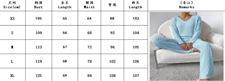 Autumn and Winter New Style: Two-Piece Fashionable and Casual Straight-Leg Pants, Elegant Loose V-Neck Ribbed Knitted Set. Leisure Homewear.C-241011-4