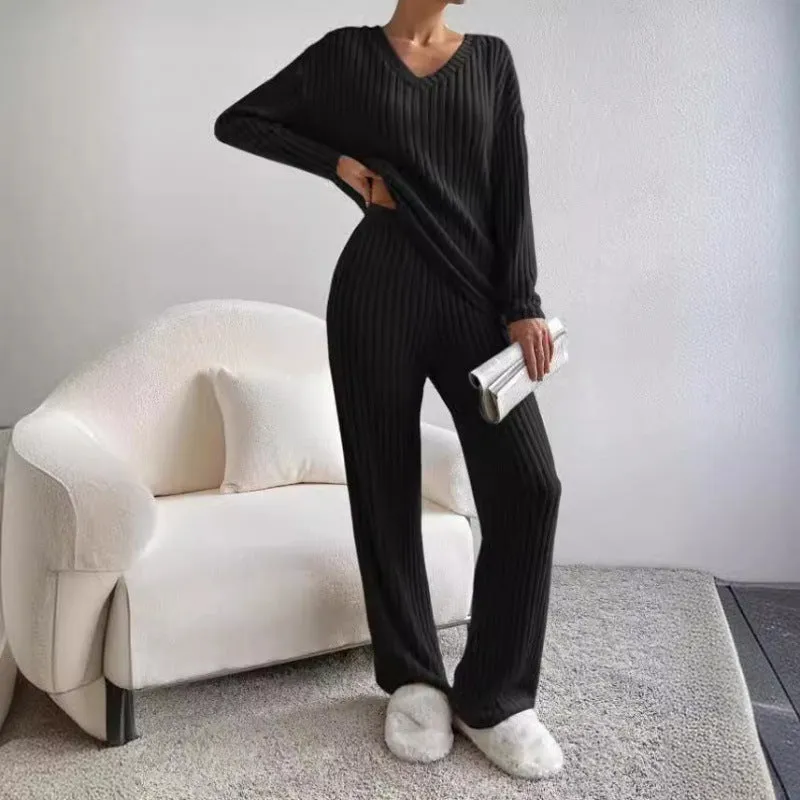 Autumn and Winter New Style: Two-Piece Fashionable and Casual Straight-Leg Pants, Elegant Loose V-Neck Ribbed Knitted Set. Leisure Homewear.C-241011-4