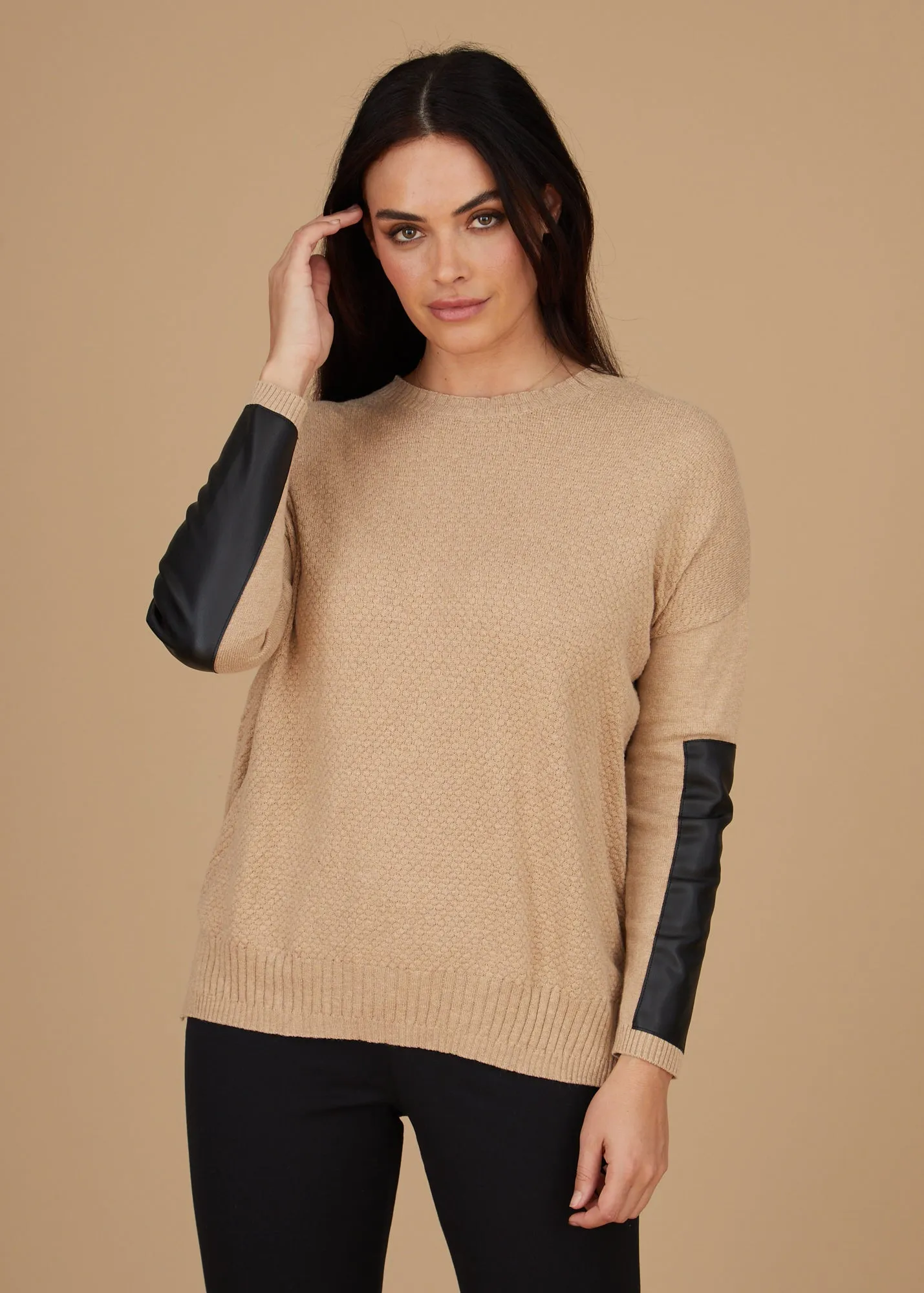 Crewneck Sweater - Leather Trim: FINAL SALE