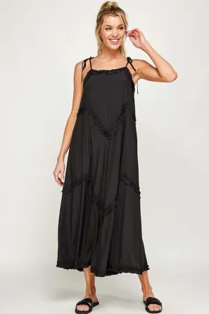 Living the Dream Life Ruffle Trim Tiered Midi Sundress in Black