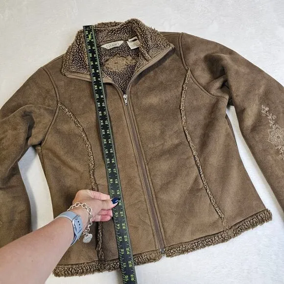 LL Bean Vintage SzM faux suede brown Y2K Floral Embroidered on sleeves n back.