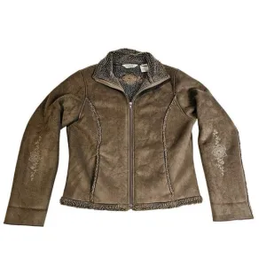 LL Bean Vintage SzM faux suede brown Y2K Floral Embroidered on sleeves n back.