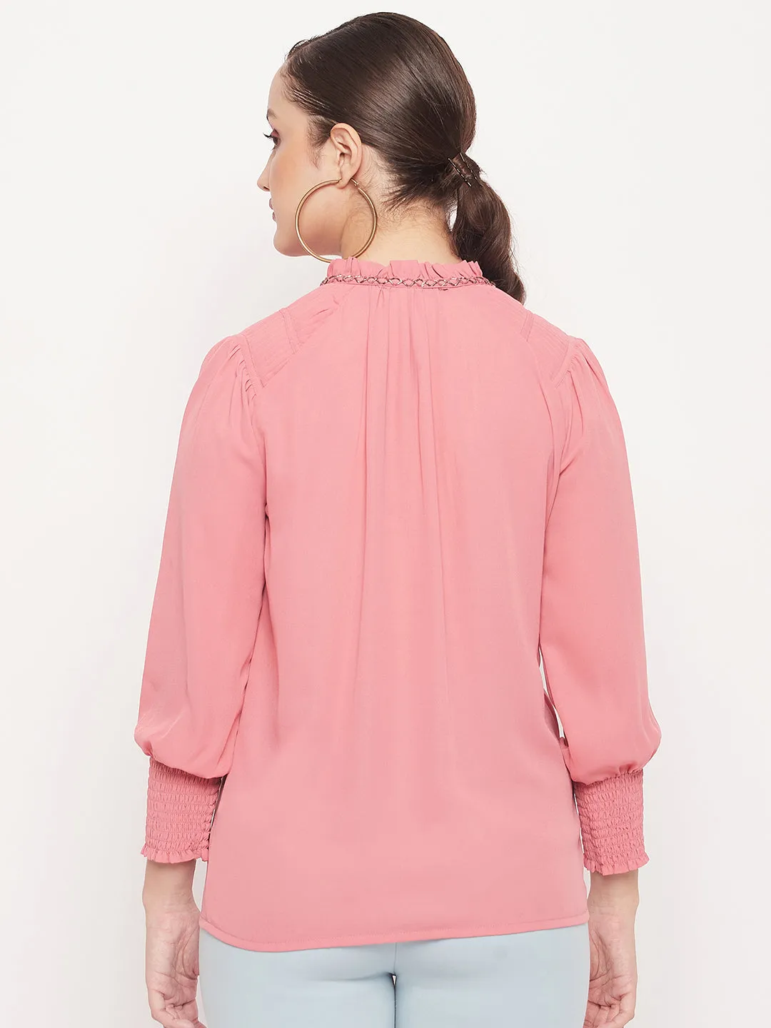 Madame Tie-Around Neck Blush Pink Smocked Cuffs Top
