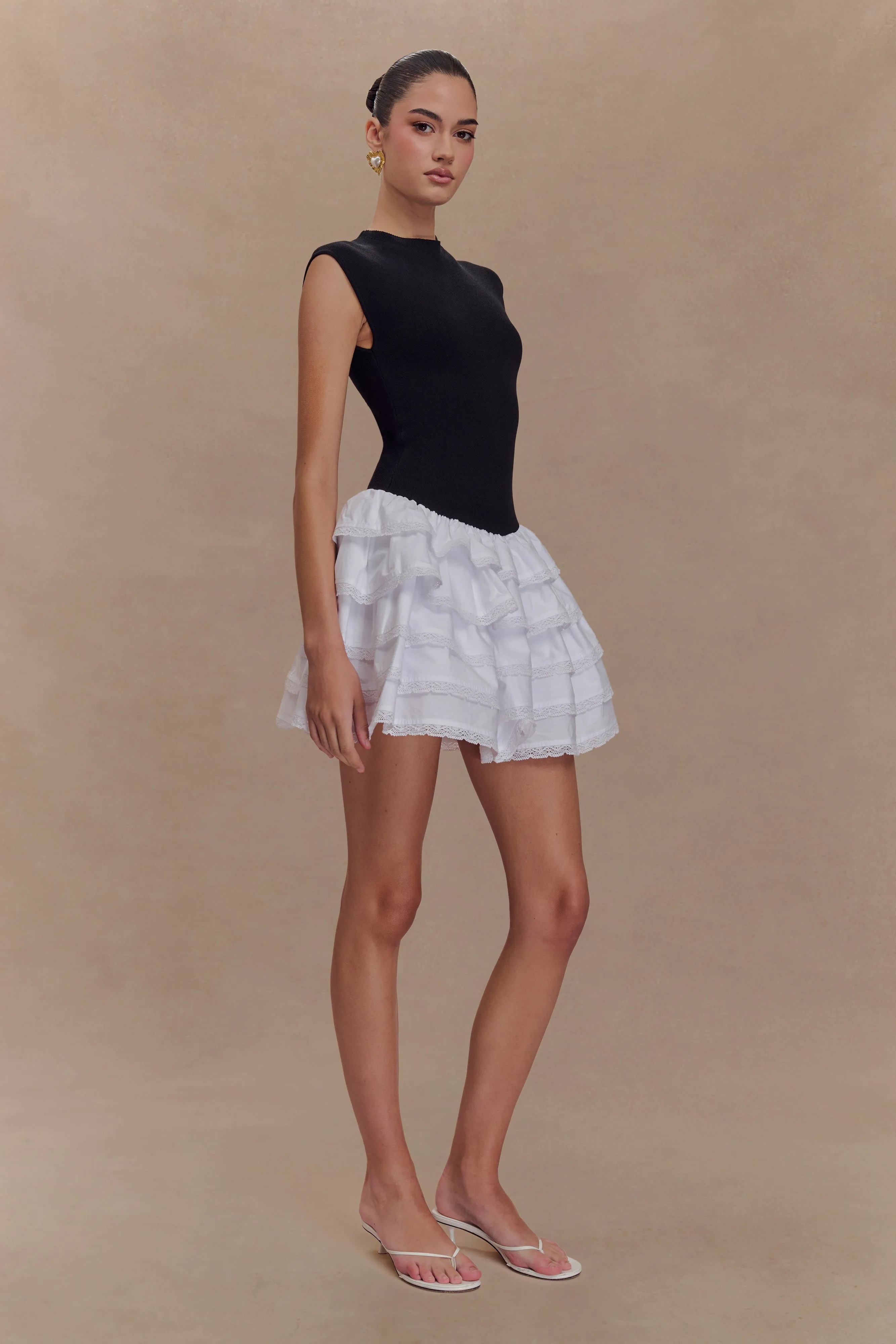 Maeve Contrast Ruffle Knit Mini Dress - Black/White