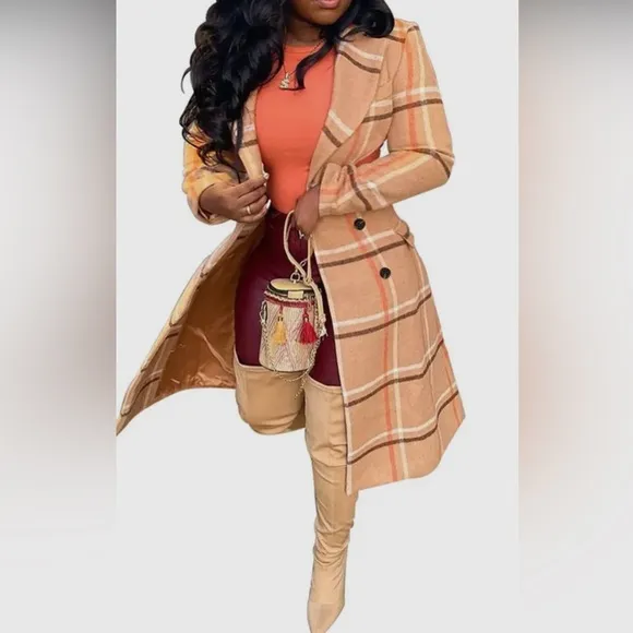 Maxi Elegant Plaid Print Long Sleeve Pocket Lightweight Jacket