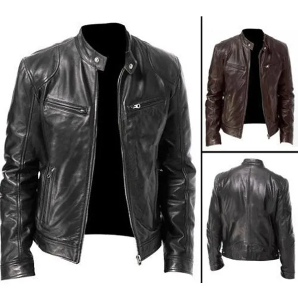 Men Vintage Cool Motorcycle Jacket Leather Long Sleeve Autumn Winter Coat