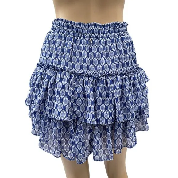 NWT Misa Los Angeles Nahla Blue White Ruffled Mini Skirt Tiered Smocked Waist S