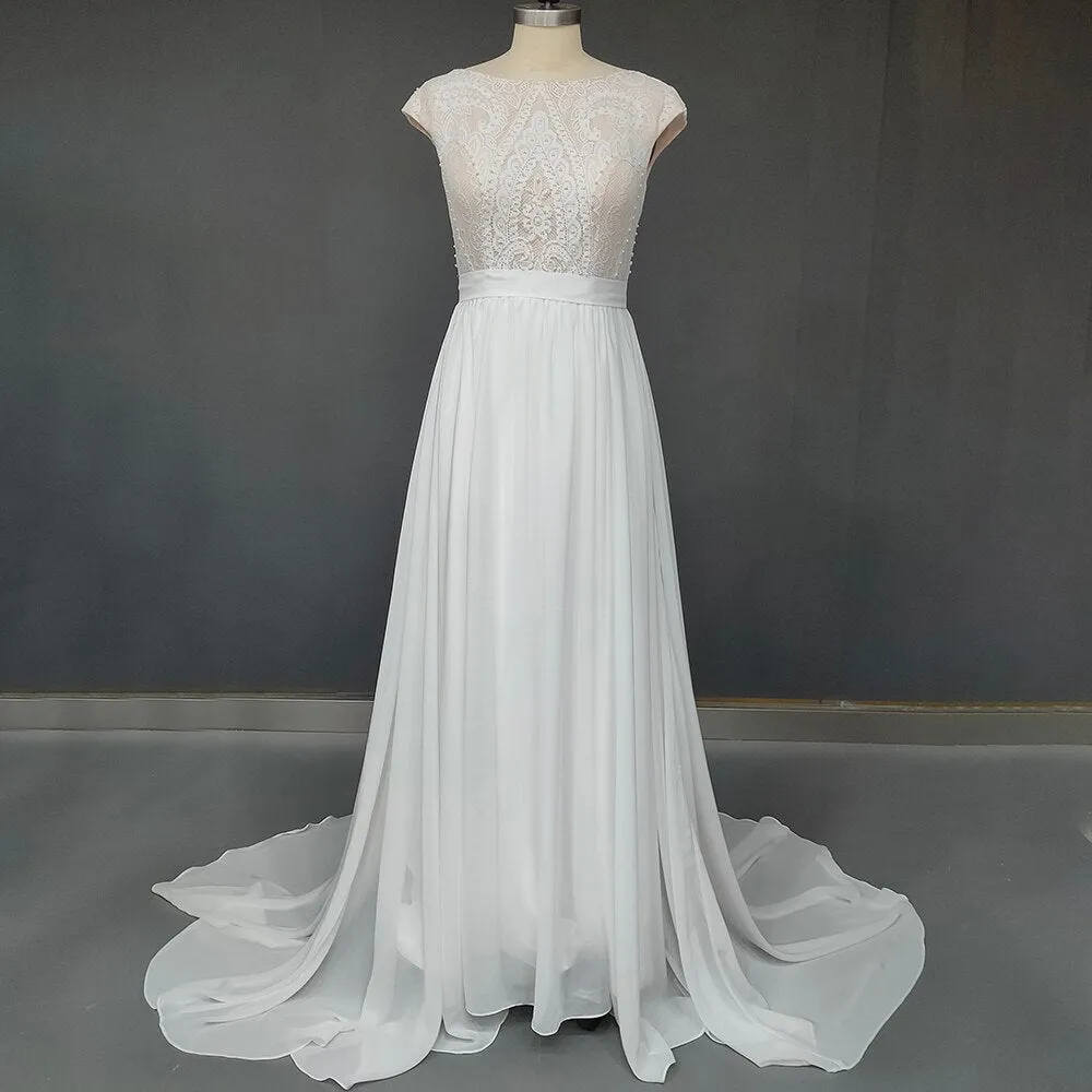 Outdoor Wedding Dress Backless Buttons Up Soft Beach Woodlands Long Sleeves