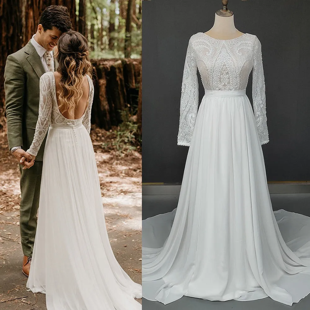 Outdoor Wedding Dress Backless Buttons Up Soft Beach Woodlands Long Sleeves
