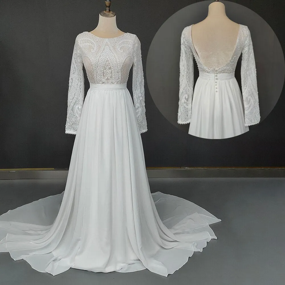 Outdoor Wedding Dress Backless Buttons Up Soft Beach Woodlands Long Sleeves