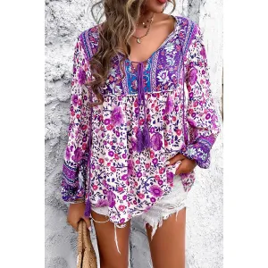 Purple All Over Floral Print Cross Deep V Boho Top
