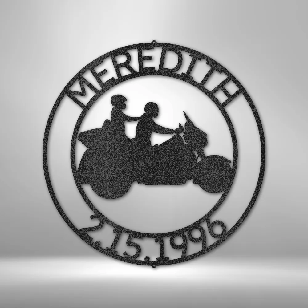 Riding Together Motorcycle Couple Round Metal Sign