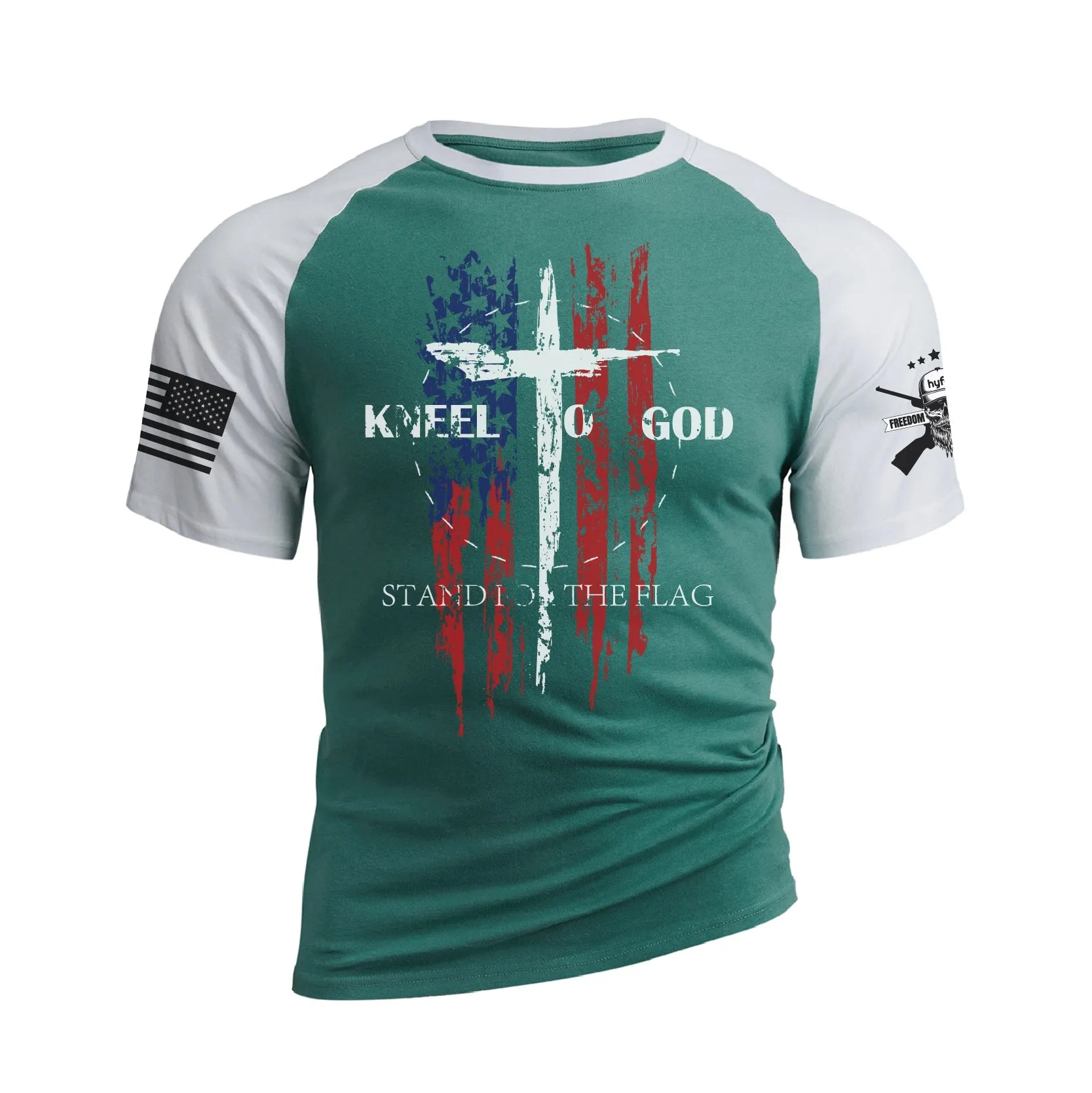 USA FLAG CROSS KNEEL TO GOD RAGLAN GRAPHIC TEE