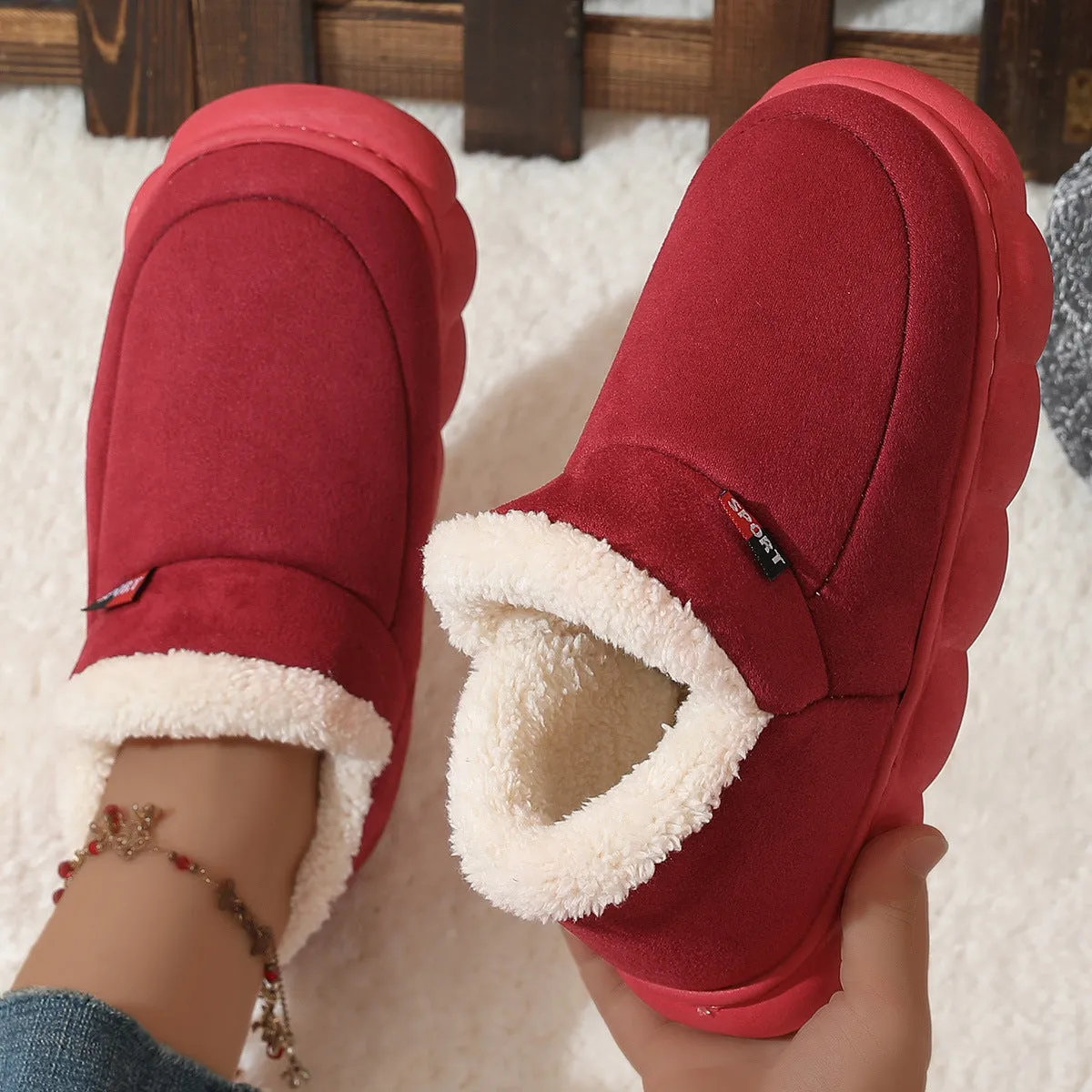 Winter Plush Cotton Shoes Women Men Warm Suede House