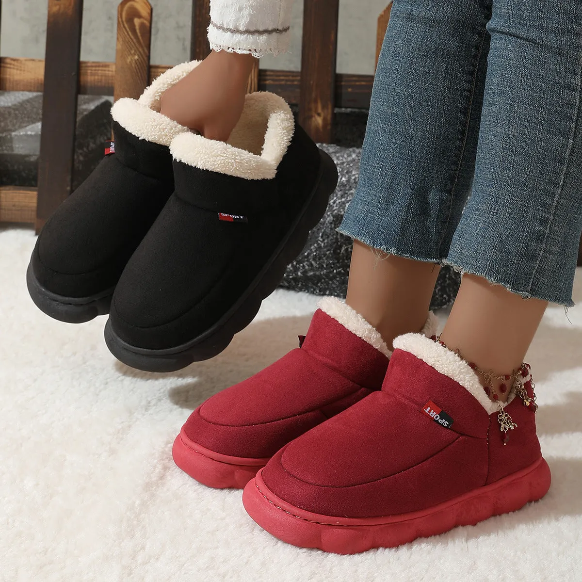 Winter Plush Cotton Shoes Women Men Warm Suede House