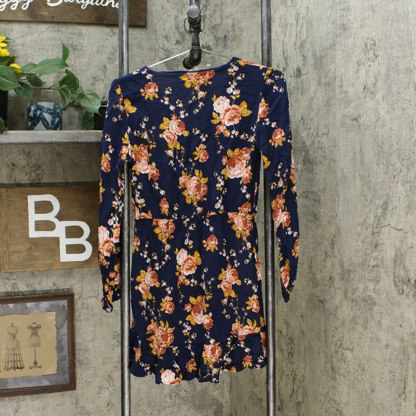 Xhilaration Womens Floral V Neck Button Front Long Sleeve Dress Navy Small